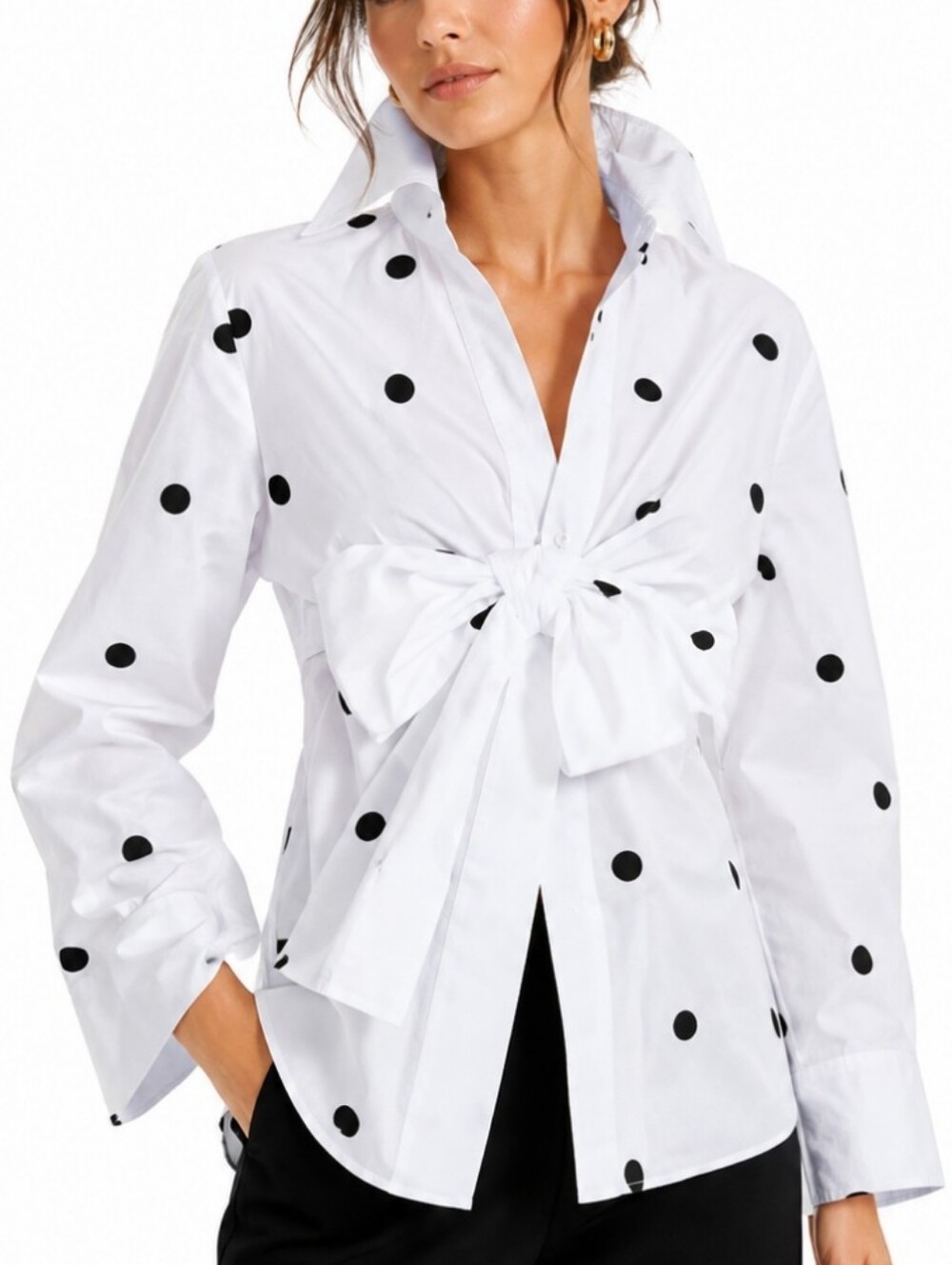 NWT Uoozee Polka Dot Bow Front Black And White Button Up Large Versatile Shirt